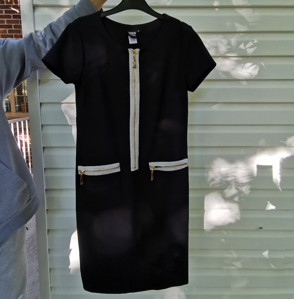 3/25$ Sharon Young Black Dress with Gold Zipper Details